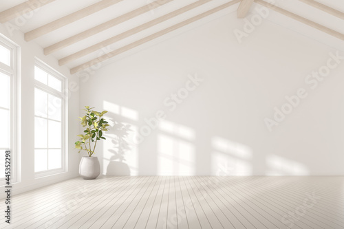 Fototapeta Naklejka Na Ścianę i Meble -  3d render of empty room with white wall and vase of plant on wooden laminate floor.