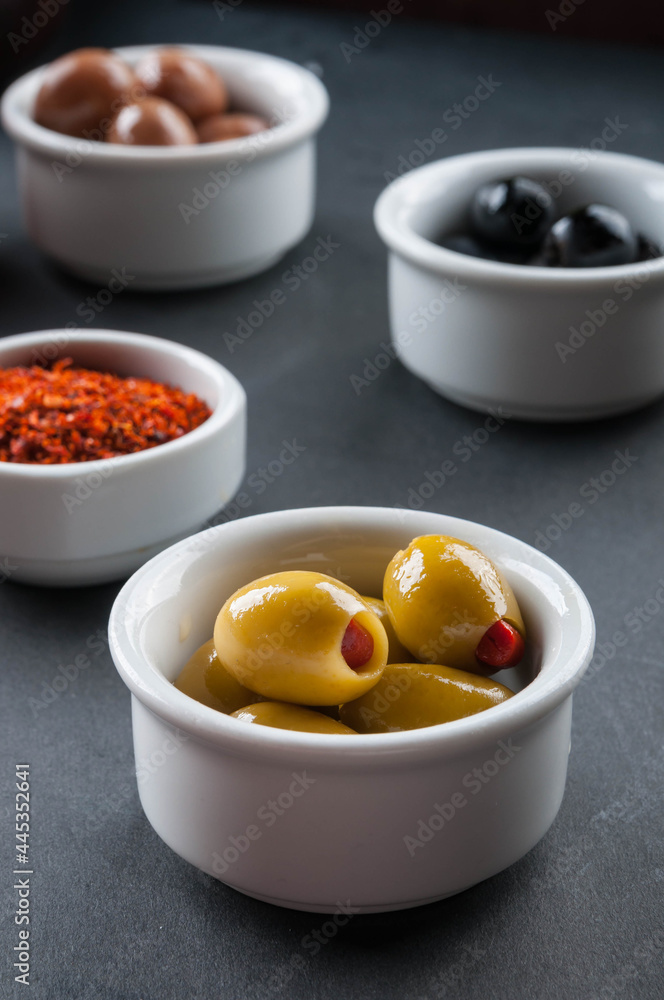 Green and black olives, paprika Green and black olives, paprika