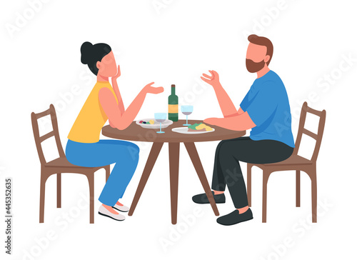 Couple at romantic dinner semi flat color vector characters. Sitting figure. Full body people on white. Date isolated modern cartoon style illustration for graphic design and animation