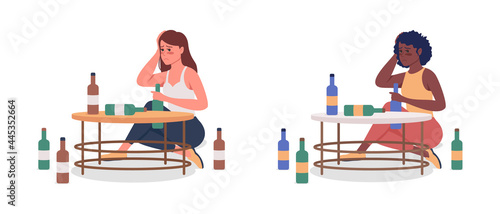 Woman with alcoholism semi flat color vector character set. Sitting figure. Full body people on white. Bad habit isolated modern cartoon style illustration for graphic design and animation collection
