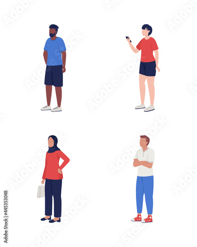 People waiting in queue semi flat color vector characters set. Multiracial figures. Full body people on white. Clients isolated modern cartoon style illustration for graphic design and animation