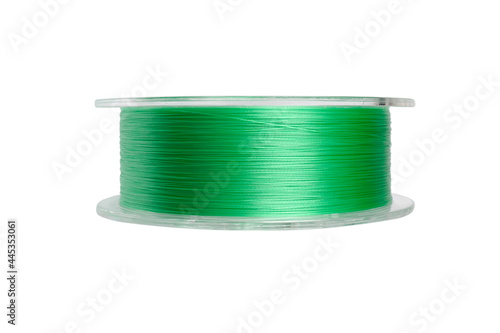 Fishing braided line isolated on white background. Spool of green cord isolated. Spool of braided fishing line.