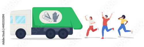 Disposing masks and gloves semi flat color vector characters. Joyful figures. Full body people on white. Back to normal life isolated modern cartoon style illustration for graphic design and animation