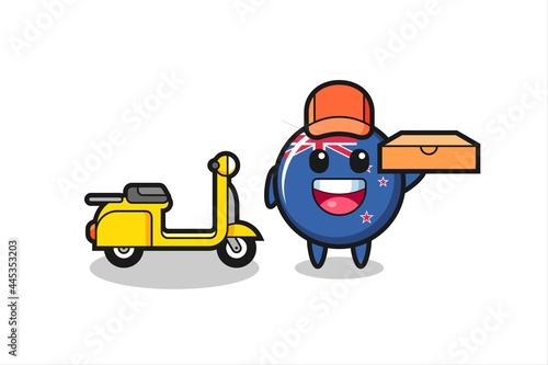 Character Illustration of new zealand flag badge as a pizza deliveryman