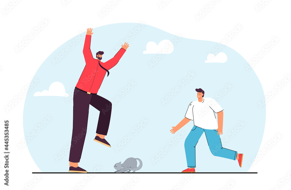 Veterinarian saving cat from being stomped on. Pet sitting under foot of tall man, medical professional rushing to help flat vector illustration. Veterinary, animals concept for banner, website design Veterinarian saving cat from being stomped on. Pet sitting under foot of tall man, medical professional rushing to help flat vector illustration. Veterinary, animals concept for banner, website design