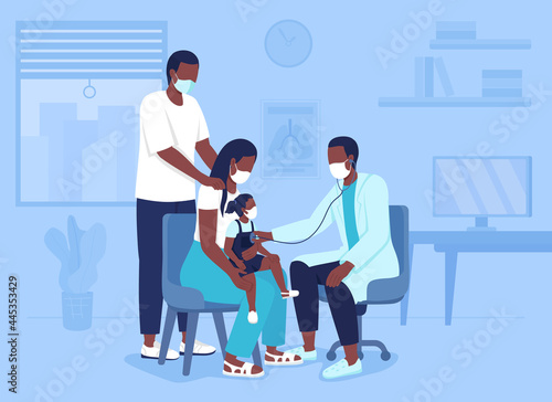 Bringing child to hospital appointment flat color vector illustration. Mother and father presenting during consultation with pediatrician 2D cartoon characters with doctor office on background