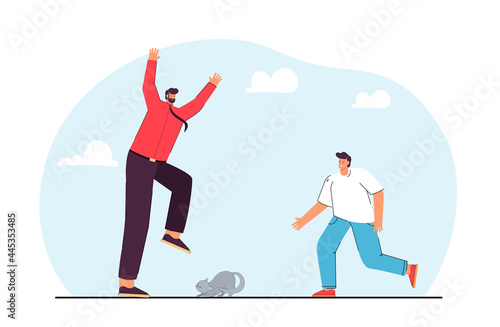 Veterinarian saving cat from being stomped on. Pet sitting under foot of tall man, medical professional rushing to help flat vector illustration. Veterinary, animals concept for banner, website design