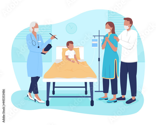Planning child stay in hospital 2D vector isolated illustration. Parents talking with doctor about kid condition flat characters on cartoon background. Patient room in private clinic colourful scene