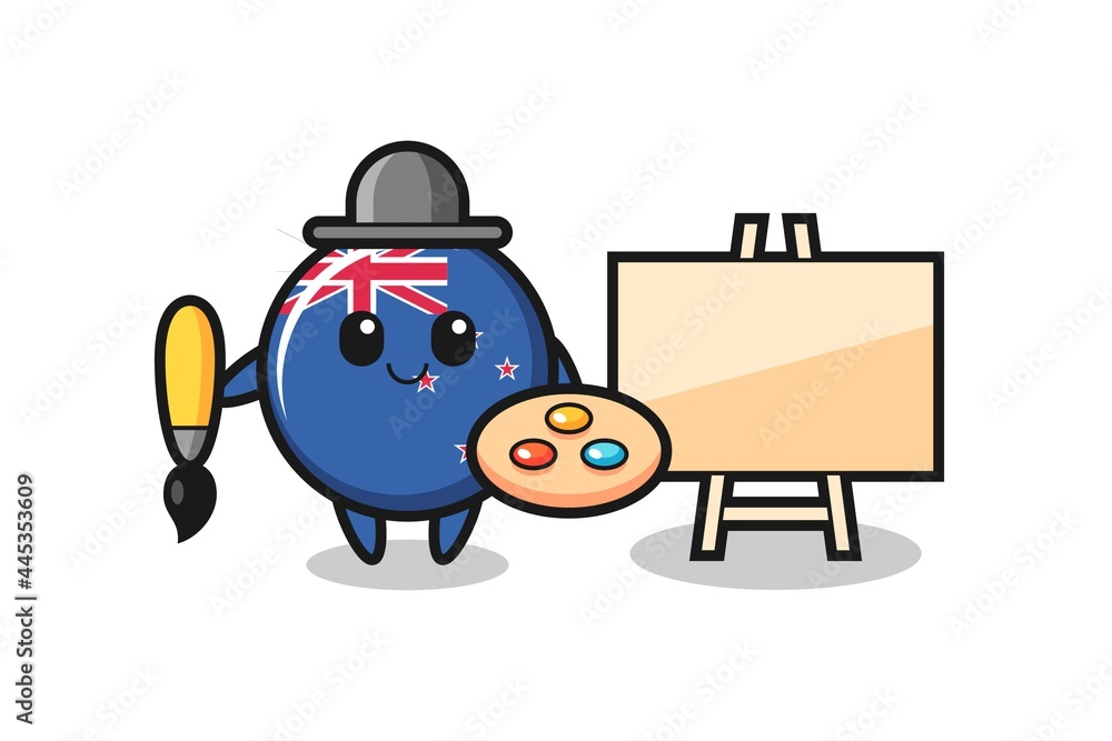 Illustration of new zealand flag badge mascot as a painter