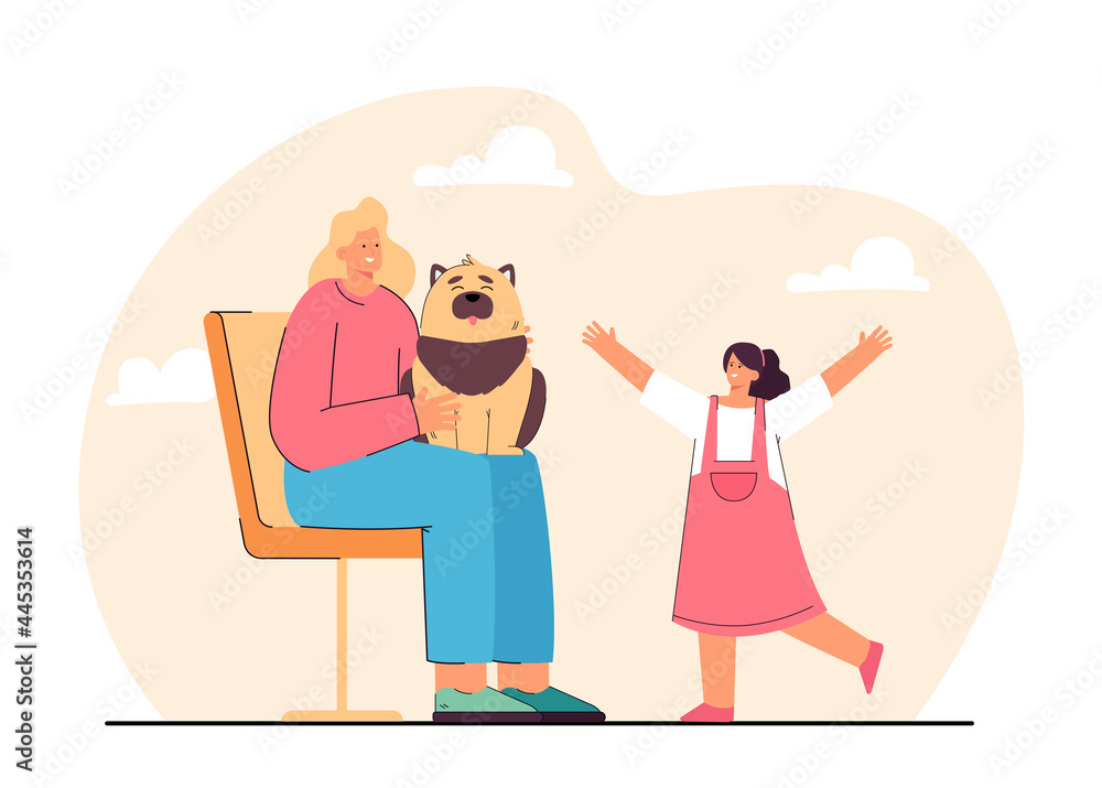 Daughter running towards mother sitting on chair with dog. Woman with domestic animal on lap, happy girl flat vector illustration. Family, pets concept for banner, website design or landing web page Daughter running towards mother sitting on chair with dog. Woman with domestic animal on lap, happy girl flat vector illustration. Family, pets concept for banner, website design or landing web page