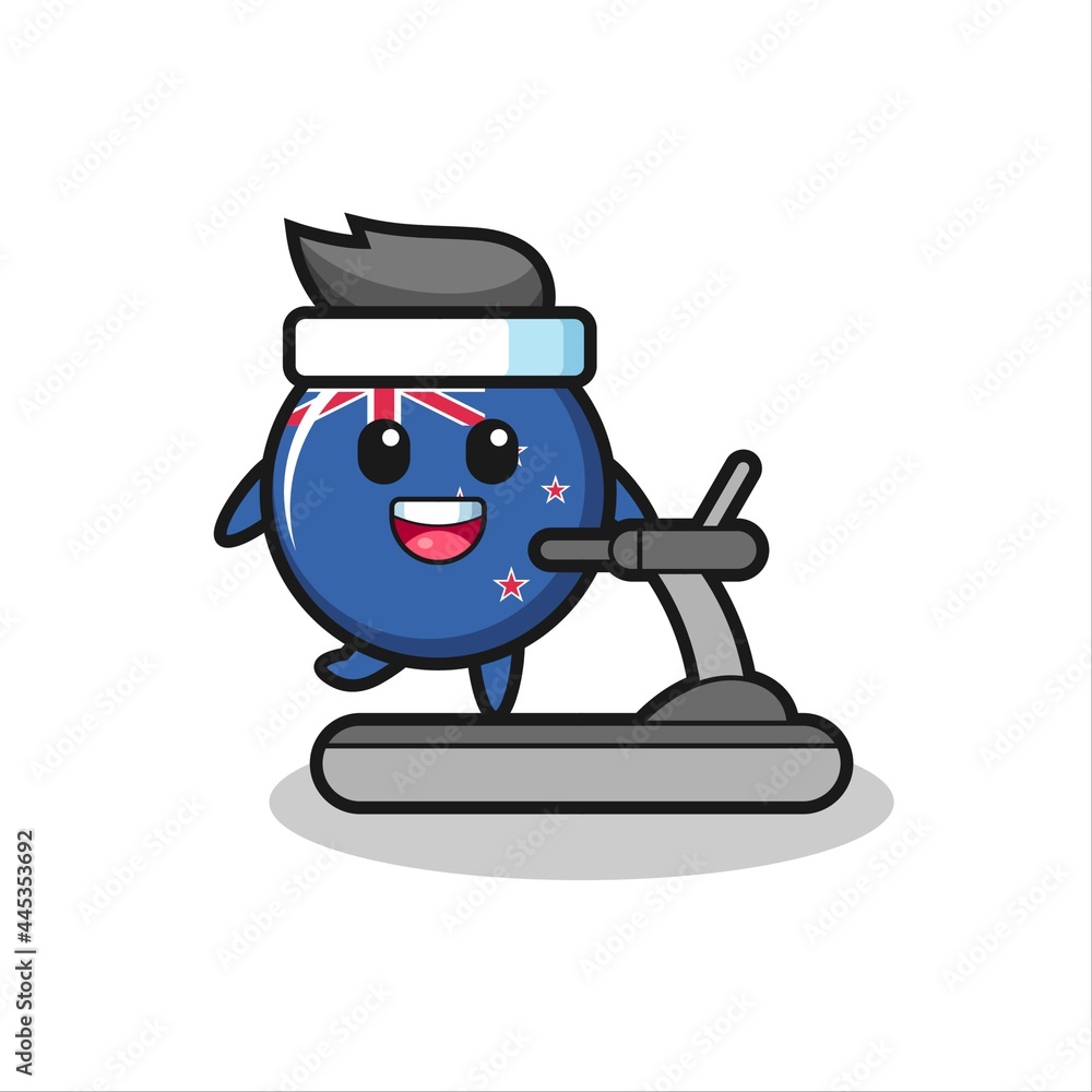 new zealand flag badge cartoon character walking on the treadmill new zealand flag badge cartoon character walking on the treadmill