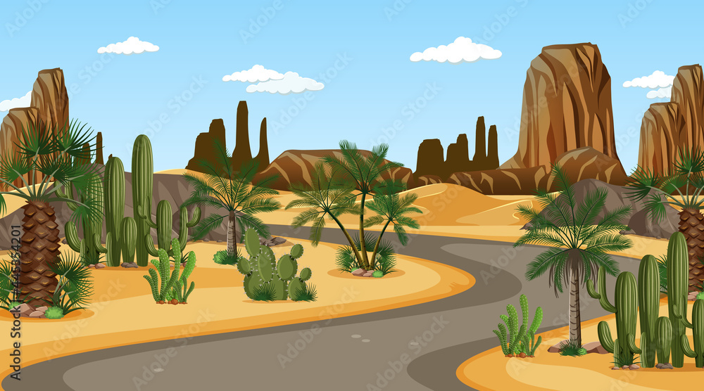 Fototapeta premium Long road through desert forest landscape at day time scene