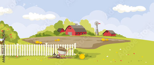 Abstract landscape -- country house. Gardening and harvesting. Vector illustration, rural view -- fields and meadows, harvest time. 