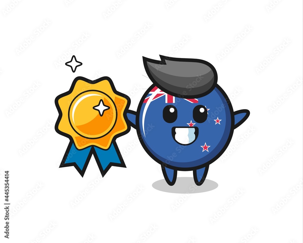new zealand flag badge mascot illustration holding a golden badge new zealand flag badge mascot illustration holding a golden badge