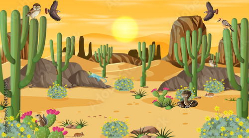Desert forest landscape at sunset scene with desert animals and plants
