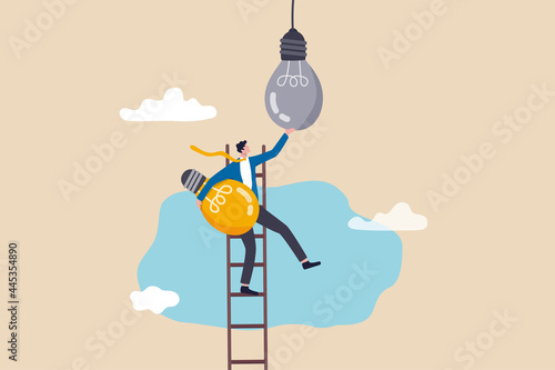Change to new innovation, transform to new business, solution to disrupt or replace old model with bright technology concept, success businessman leader climb up ladder to change lightbulb idea.