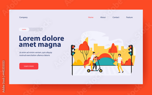 Pedestrians breaking traffic rules. People using cell, riding scooter on crosswalk flat vector illustration. Road safety, warning concept for banner, website design or landing web page