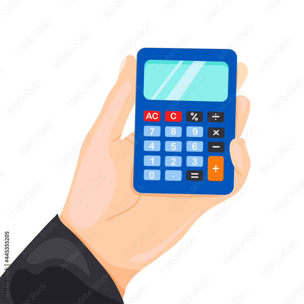 The Bookkeeper's Hand Holds a Calculator with Buttons and a display. Electronic Office Equipment for Financial Accounting,Earnings.Vector Flat Illustration. Isolated on white background. The Bookkeeper's Hand Holds a Calculator with Buttons and a display. Electronic Office Equipment for Financial Accounting,Earnings.Vector Flat Illustration. Isolated on white background.