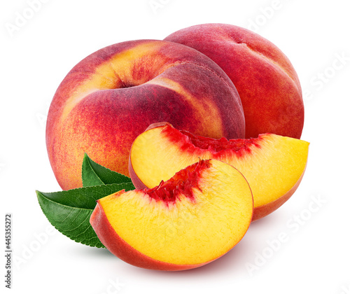 Peaches with slices isolated on white background