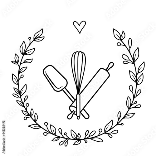 Bakery Label Design. Kitchen tools in a floral wreath and a heart. Vector illustration - logo for baker