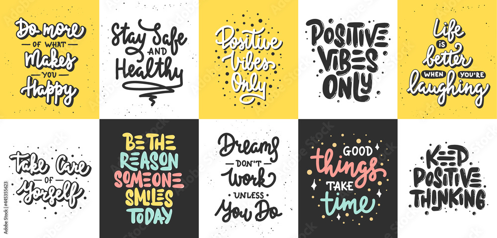 Set of 10 Motivational posters with hand drawn lettering design element for wall art, decoration, t-shirt prints.  Inspirational quote, handwritten typography positive summer slogan. - obrazy, fototapety, plakaty 