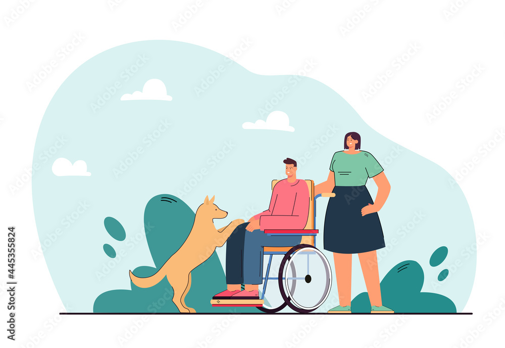 Dog next to disabled man on wheelchair. Woman helping handicapped person playing with domestic animal flat vector illustration. Disability, pets concept for banner, website design or landing web page