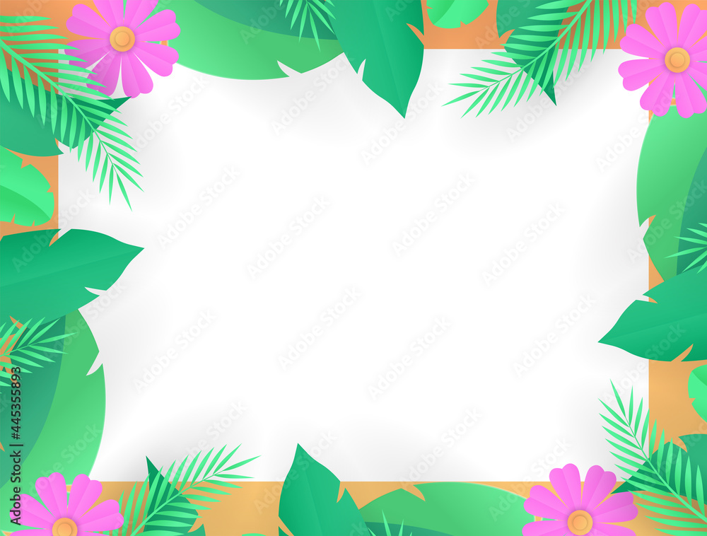 Obraz premium Exotic leaves frame. Tropical leaf border, nature summer frames and luxury palm leaves borders vector design background