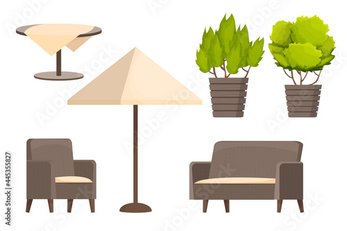 Backyard furniture set, comfortable armchair, sofa, parasol, table with tablecloth and plants in cartoon style isolated on white background. Luxury collection, patio leisure