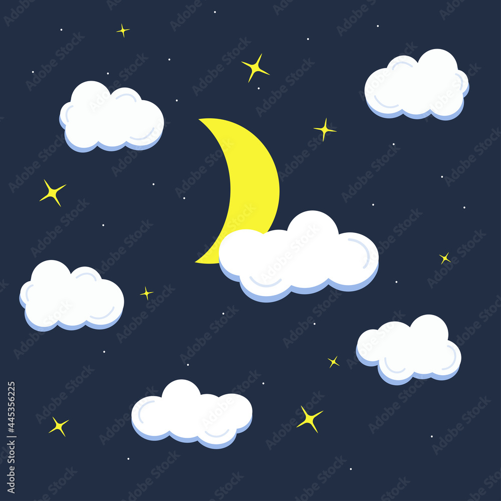 Yellow crescent, cloud and star on dark blue background. Cartoon vector illustration Yellow crescent, cloud and star on dark blue background. Cartoon vector illustration