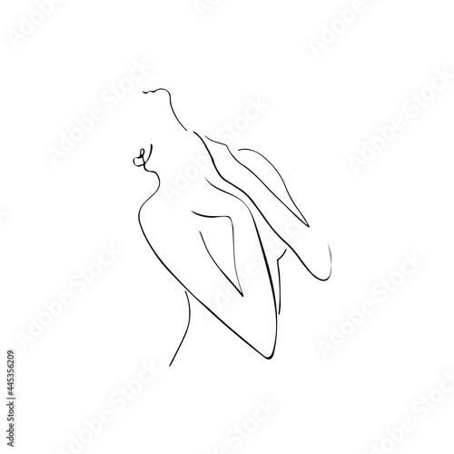 Nude woman face abstract silhouette, continuous line drawing, small tattoo, print for clothes and logo design, emblem or logo design, isolated vector illustration.	
