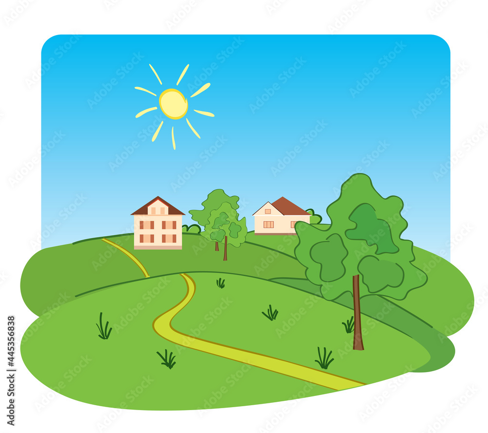 Naklejka premium houses on green hills under blue sky - vector illustration