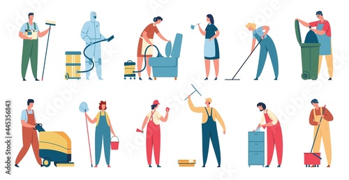 Cleaning service. Professional cleaners in uniform with cleaning equipment. Domestic cleaner, janitor clean house or office vector set. Staff or workers with tools for household chores
