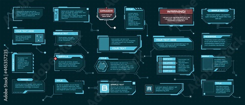 Hud callout titles. Futuristic text boxes, digital callouts bar labels. Sci-fi info frame template, hi-tech infographic elements vector set. Window templates with information and warning photo