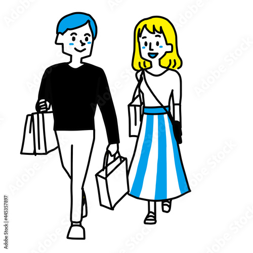 買い物をしている若いカップルのイラスト