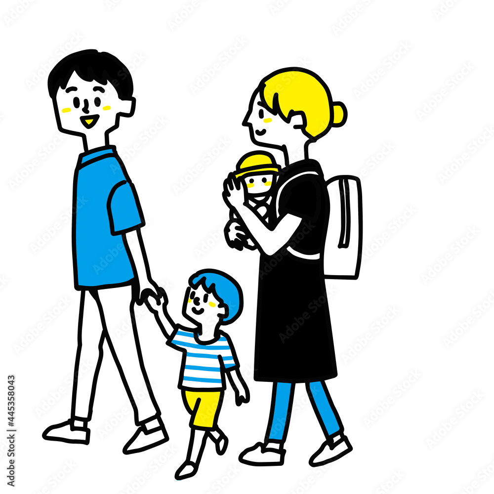 赤ちゃんを抱っこして歩く家族のイラスト