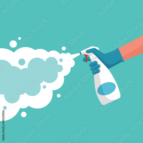 Disinfection with cleaning spray, Surface cleaning in house. Spraying antibacterial sanitizing spray. Prevention coronavirus, vector illustration