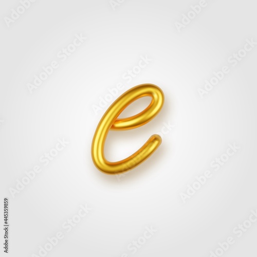 Gold 3d realistic lowercase letter E on a light background.