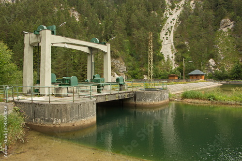 Sluice dam on the water reservoir Stierwaschboden on the river Erlauf in Oetschergraben near to the Oetscher in Austria, Europe 