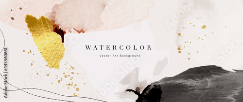 Panel kuchenny z motywem Watercolor art background vector. Wallpaper design with paint brush and gold line art. Earth tone blue, pink, ivory, beige watercolor Illustration for prints, wall art, cover and invitation cards.