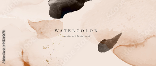 Watercolor art background vector. Wallpaper design with paint brush and gold line art. Earth tone blue, pink, ivory, beige watercolor Illustration for prints, wall art, cover and invitation cards.