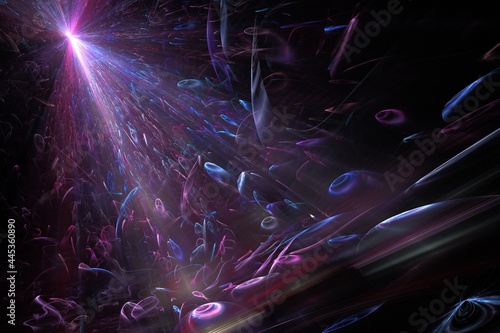 A colorful abstract futuristic background. Creative sci-fi wallpaper. 3D illustration. Multicolored moving shapes. Beautiful dynamic cyberpunk style scene