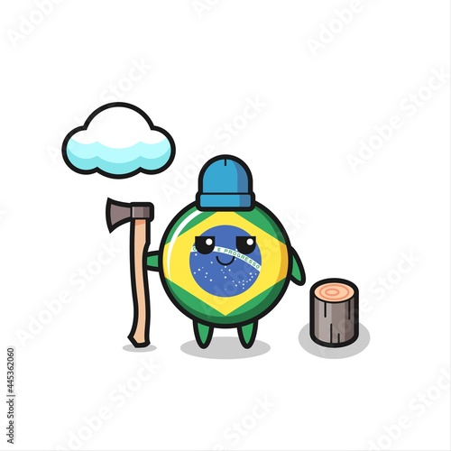 Character cartoon of brazil flag badge as a woodcutter
