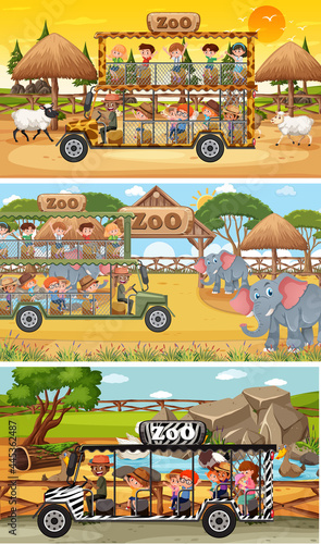Set of different safari horizontal scenes with animals and kids cartoon character