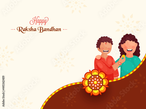 Happy Raksha Bandhan Concept With Cheerful Brother Feeding Sweet To His Sister Illustration.