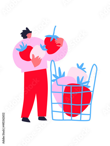 Healthy eating, cooking vegetarian food and dieting concept. Tiny man holding a strawberry. Tiny people eat berries. Cartoon flat vector illustration. 