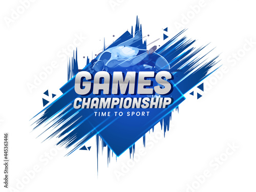 Games Championship Text With High Jumper On Abstract Blue And White Background.