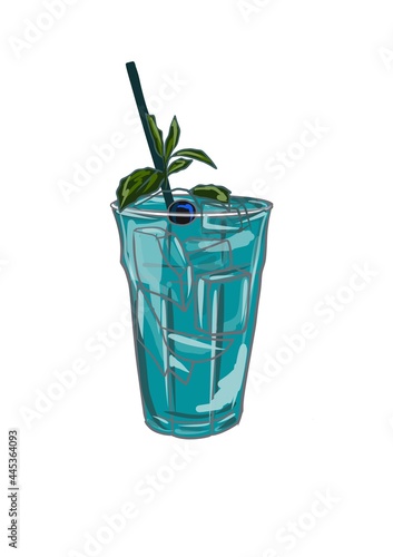 Hand drawn blue lagoon summer cocktail glass decorated with mint. Colorful illustration in Realistic style, doodle. It can be used for decoration of textile, paper and other surfaces.