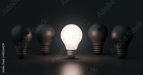 Glowing idea light bulb and innovation thinking creative concept on success inspiration dark background with solution symbol of electric lamp design. 3D rendering.