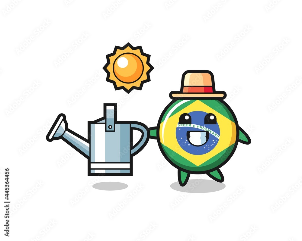 Cartoon character of brazil flag badge holding watering can Cartoon character of brazil flag badge holding watering can