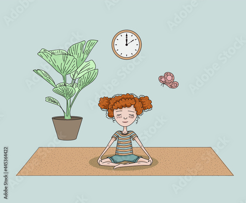 Curly red girl doing meditation or yoga at home. Potted plant, clock, butterfly. Good for advertisment of online yoga classes, visit card, video, cartoon, ad. 